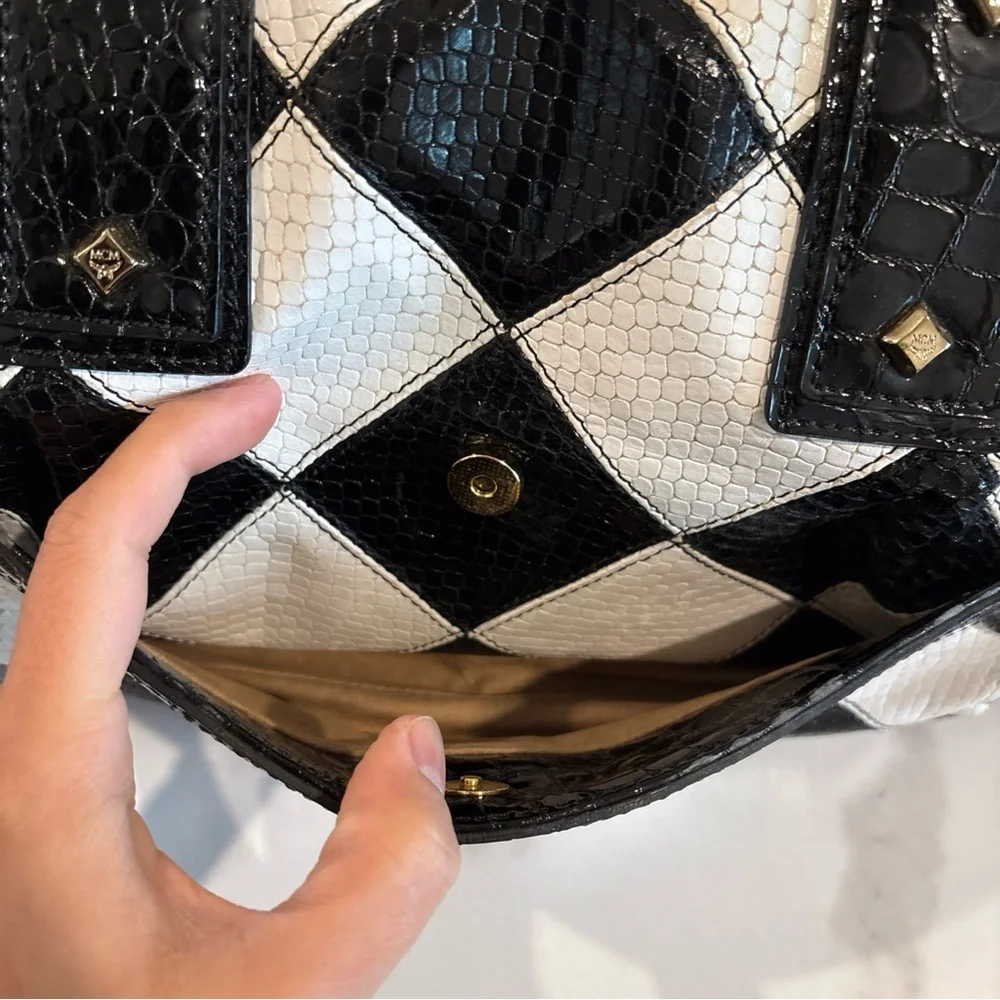 MCM Black and White Checker Satchel